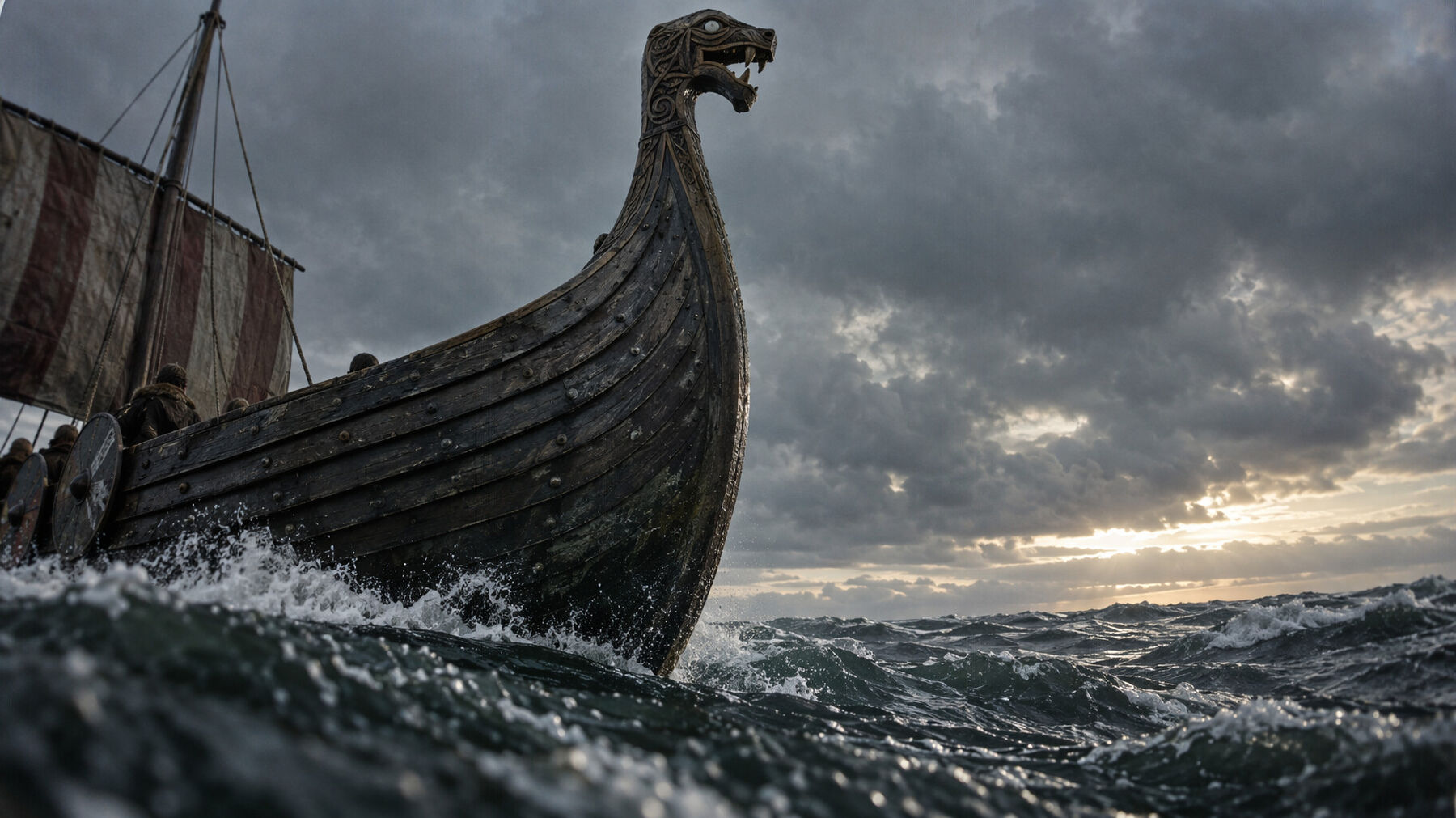 A Viking longship with a dragon prow cuts through a storm-dark sea. The Axe of the Northmen visual development.