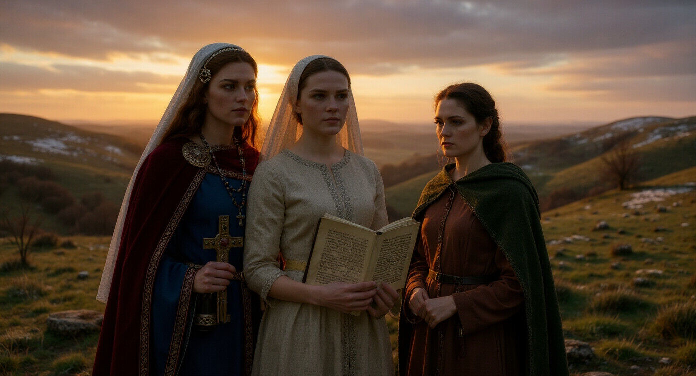 Three Anglo-Saxon women in cloaks stand on a Northumbrian hillside at sunset. Crown of the North visual development.
