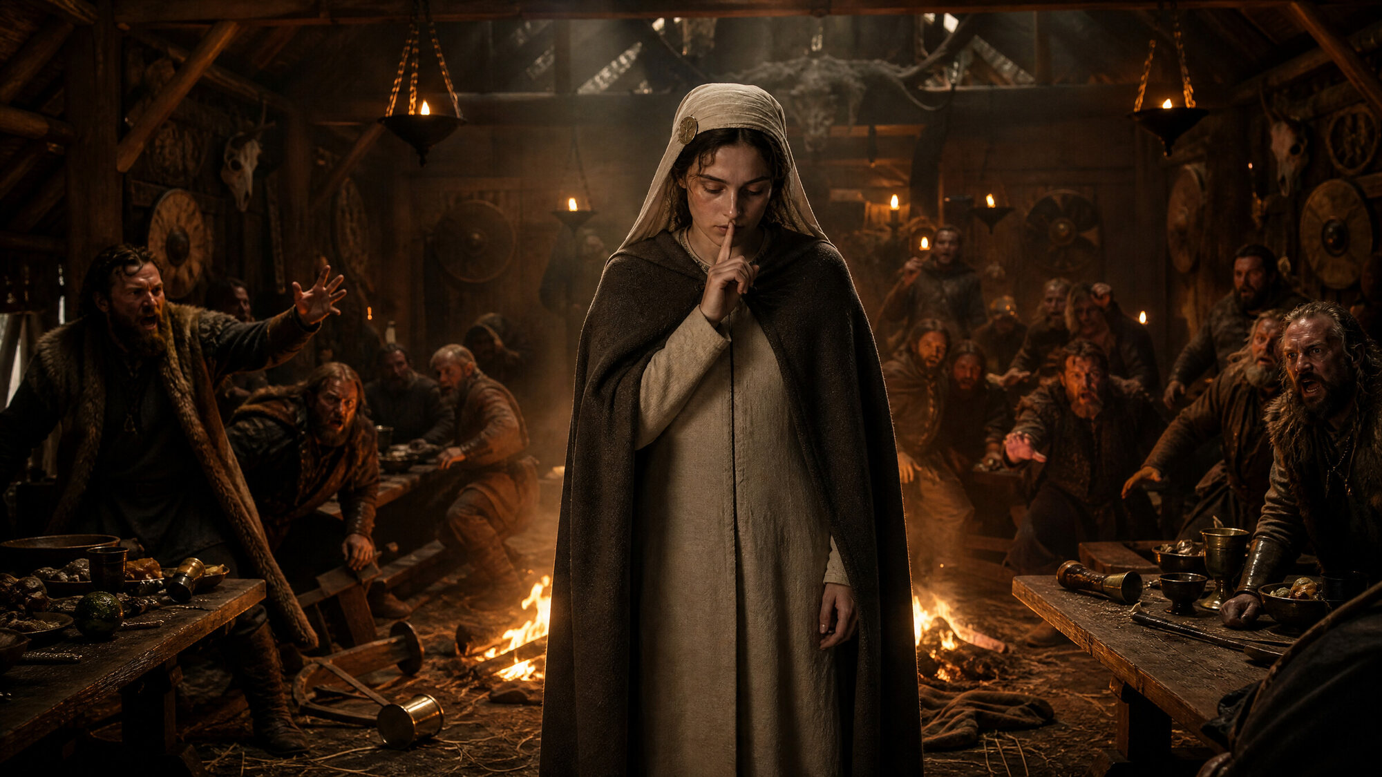 A young woman in a hooded cloak stands silent at the centre of a firelit Anglo-Saxon great hall while men shout around her. Crown of the North visual development.