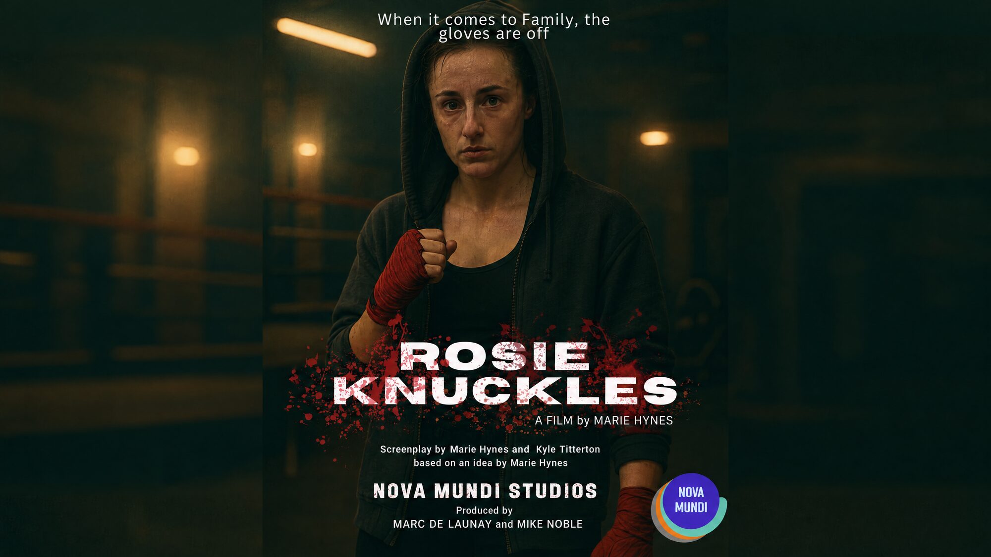 Rosie Knuckles key art: a young woman boxer in a hood and red hand-wraps in a dim gym. A film by Marie Hynes.